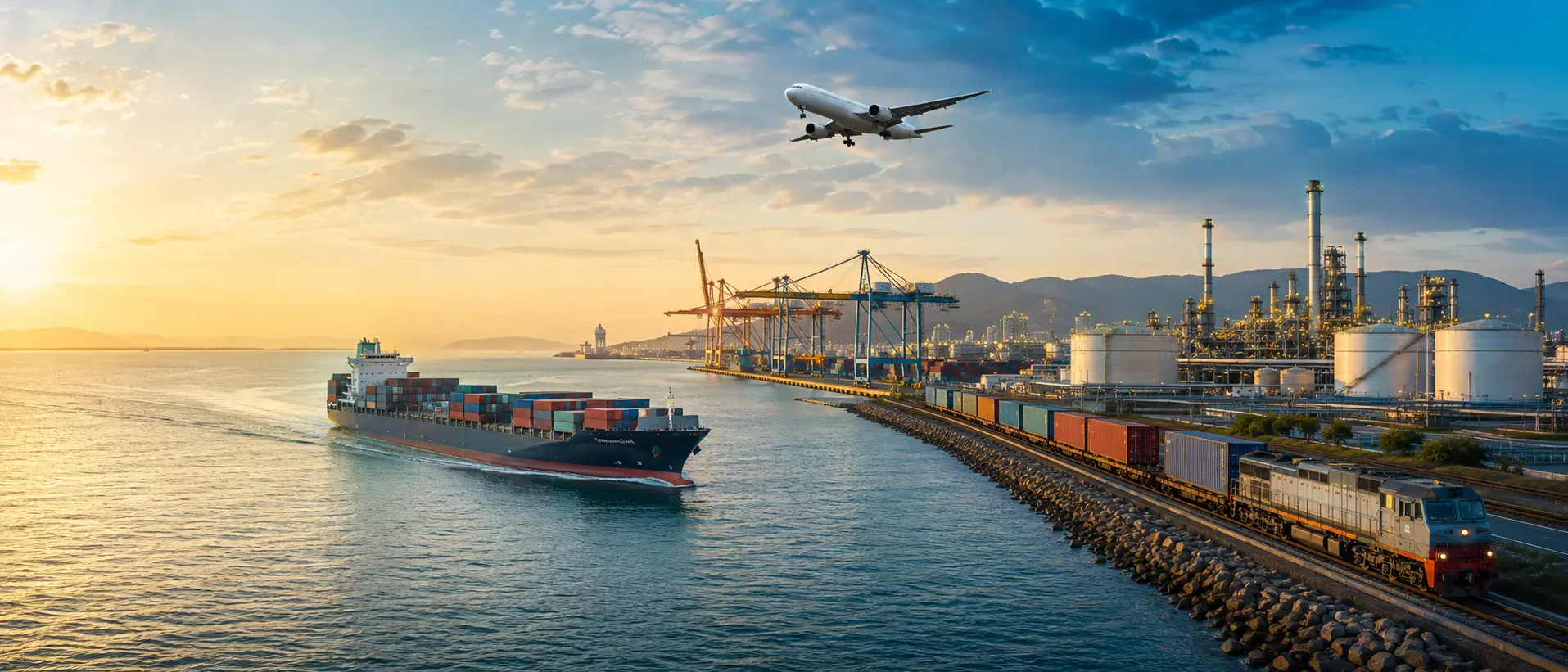 Globaler Handel mit Containerschiff, Güterzug, Frachtflugzeug und Raffinerie